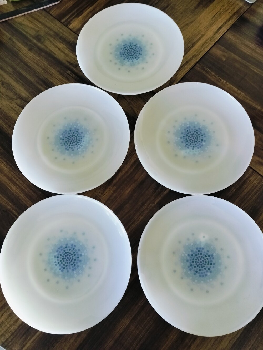 Vintage Anchor Hocking Fire-King Blue Confetti Mosaic Milk Glass Plates (Set: 5)